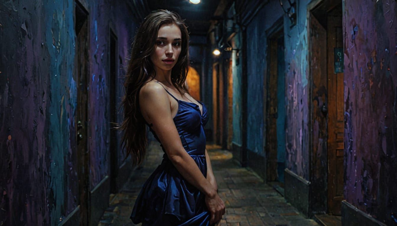 Woman in Moonlit Hallway: Surreal Vibrant Oil Painting