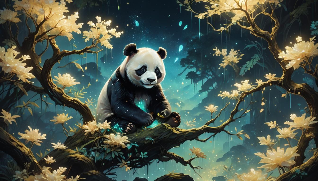 Bioluminescent Fantasy Panda in the Dark