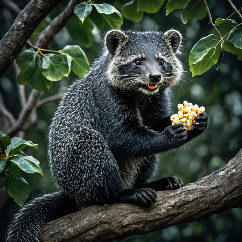 Hyperrealistic Binturong Enjoying Popcorn in Fig Tree