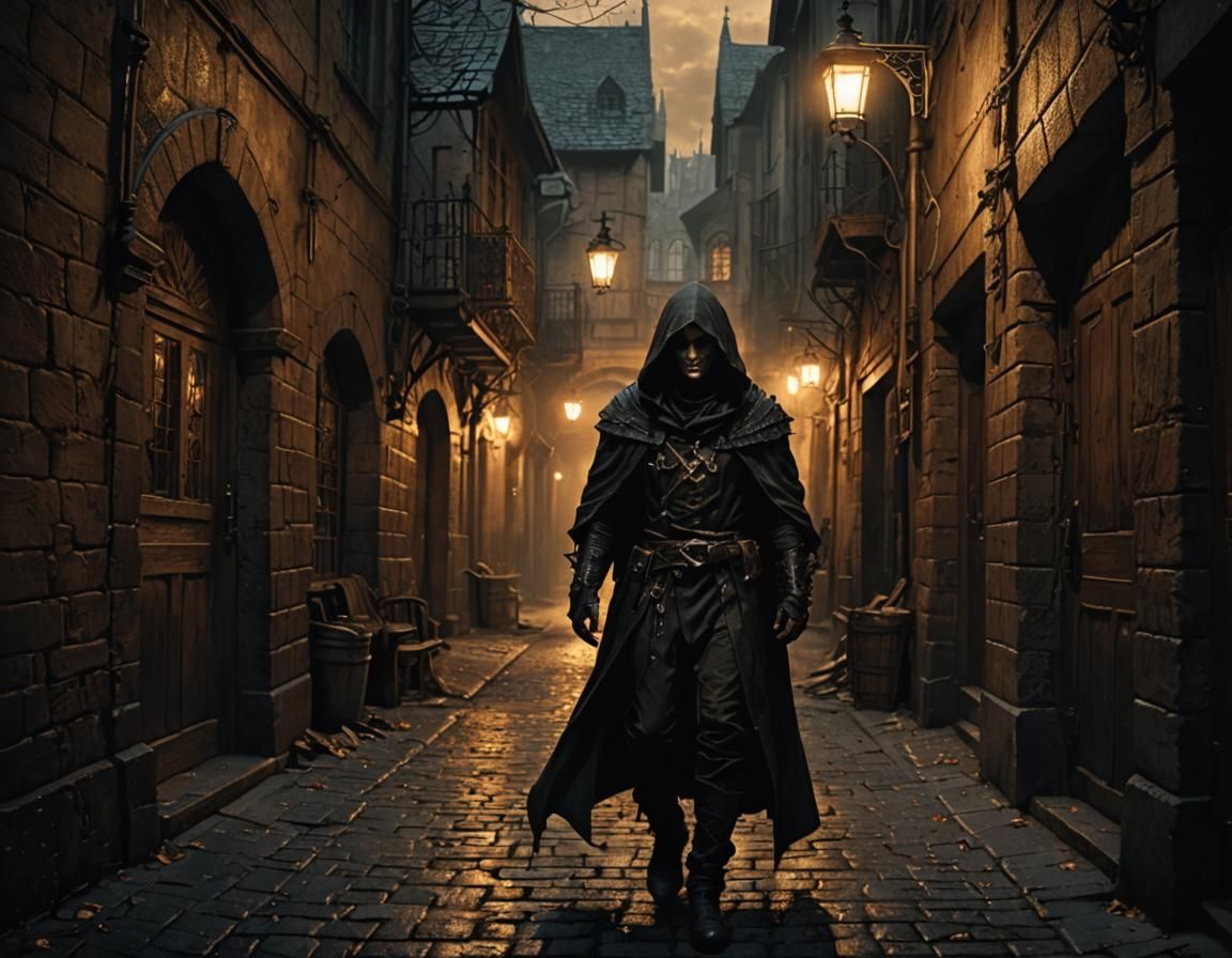 Gothic Tavern: Hooded Figure in Moody Lighting