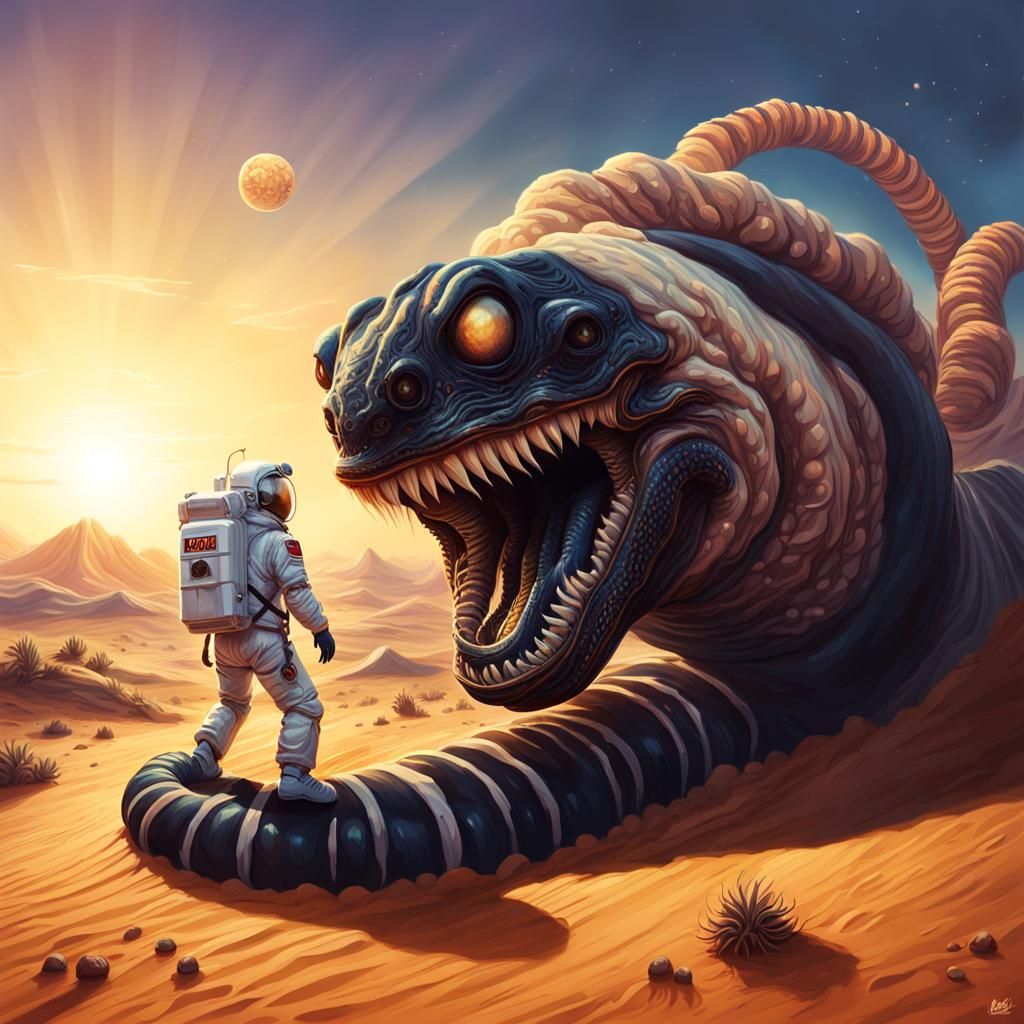 Astronaut Rides Giant Worm in Desert Sunset