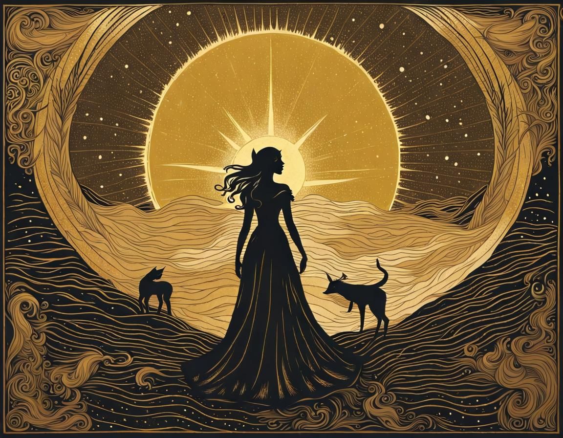 Lyra and Daemon Walk into the Sky: Golden Screen Print