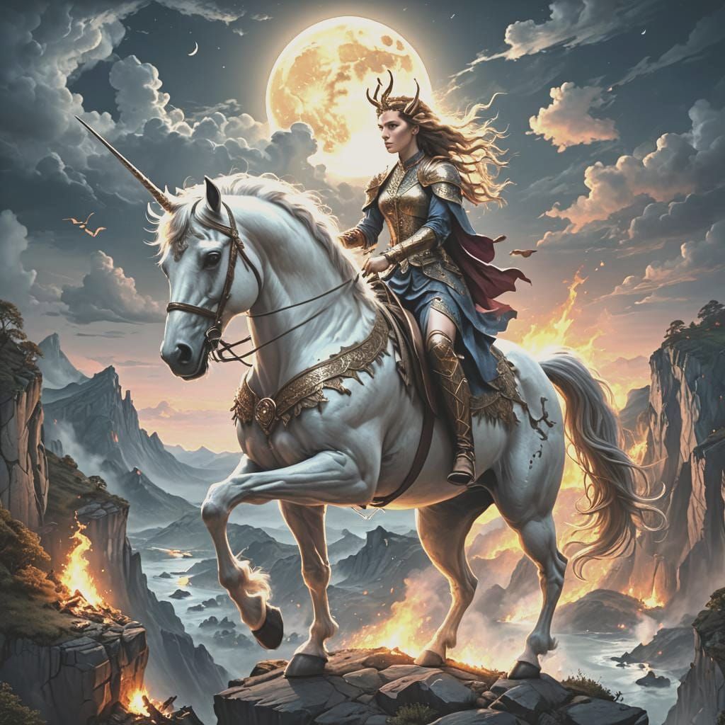 Maiden on Unicorn Cliffside Under Moonlight