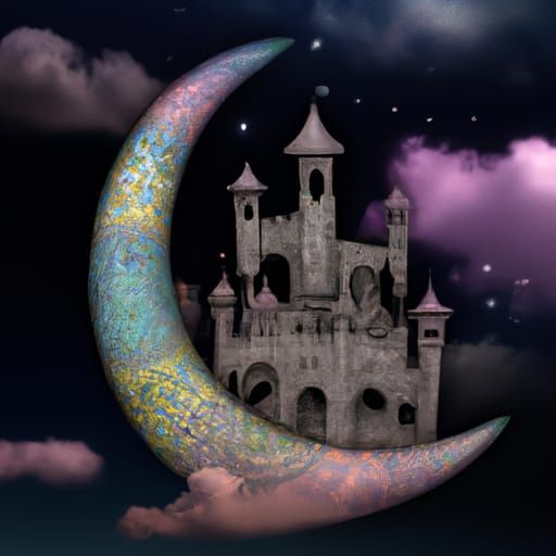 Fantasy Crescent Moon Castle in Starry Sky