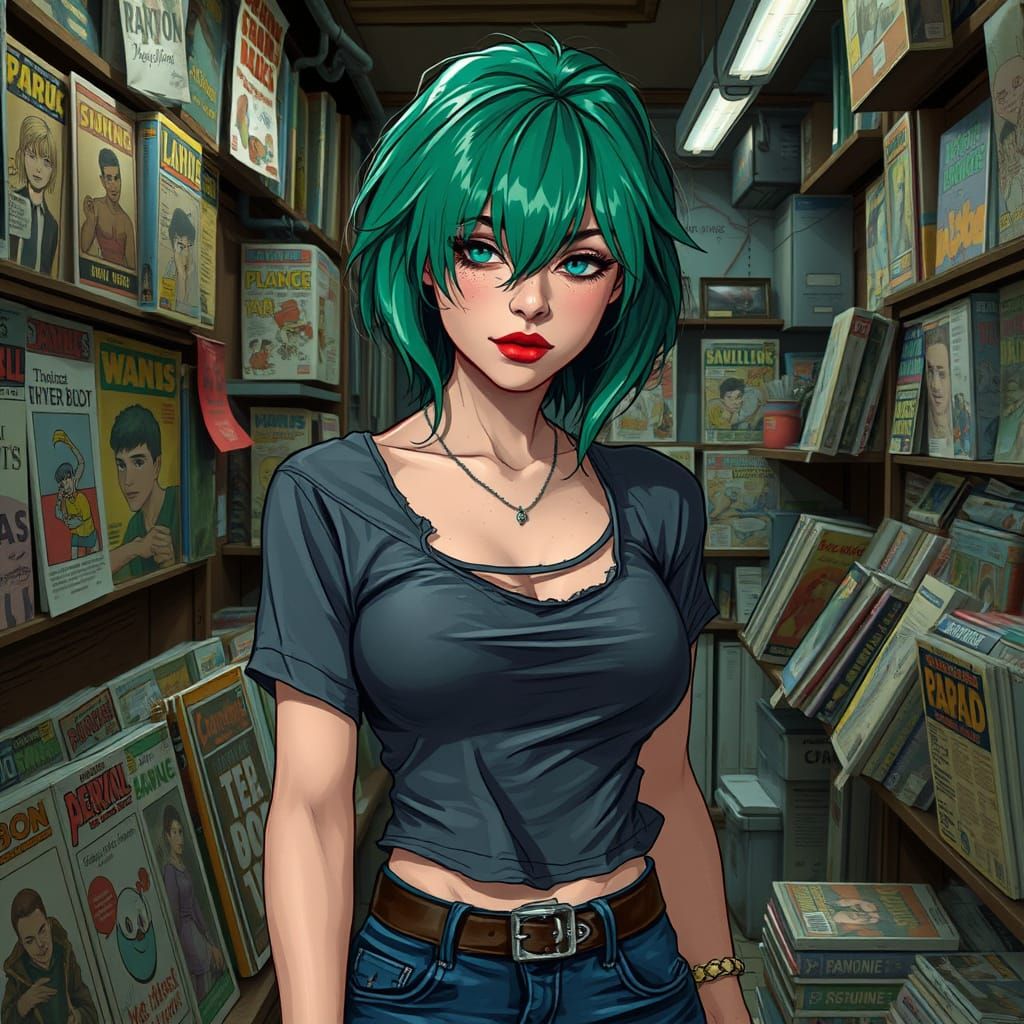 Woman with Green Hair Browsing Comics, Digital Painting