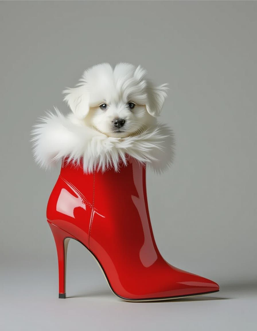 Red Stiletto Boot with Puppy, Studio Shot