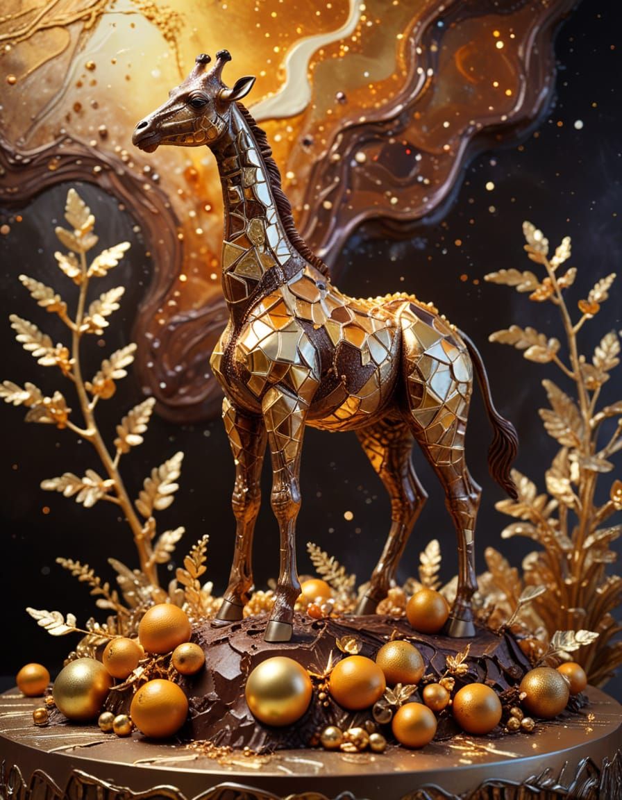 Chocolate Giraffe Sculpture on Lunar Base in Impasto Style