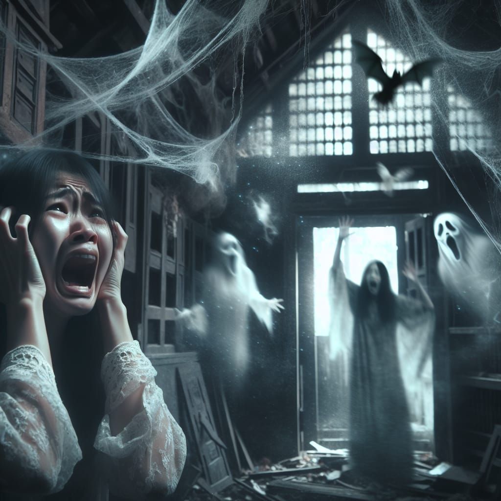 Asian Woman Screaming in Haunted House
