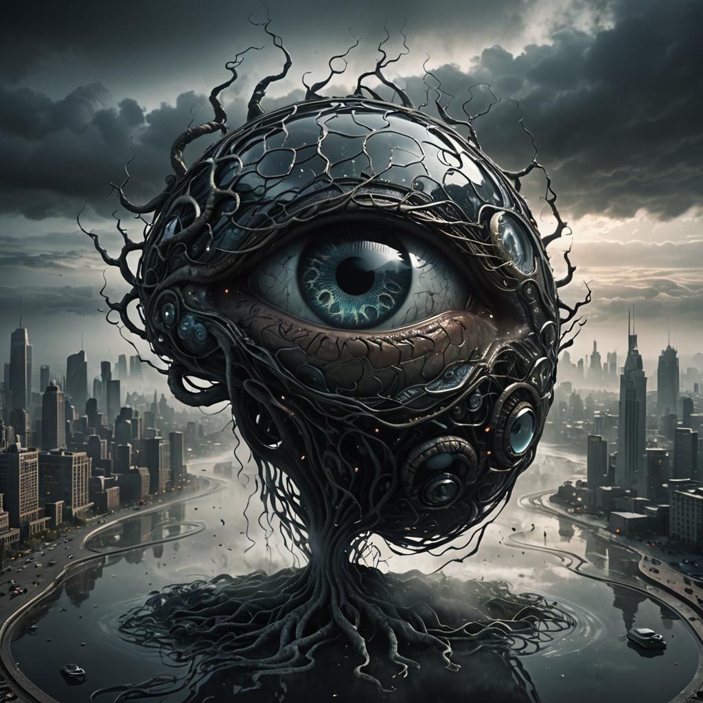 Mysterious Eye Over Futuristic Dark Fantasy Cityscape
