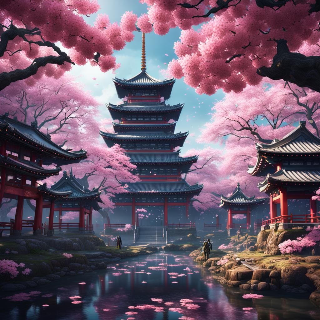 Futuristic Japanese Cherry Blossom Gaming World