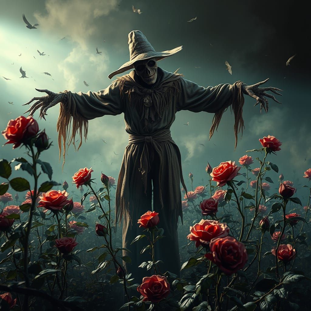 Sinister Scarecrow in Creepy Rose Garden