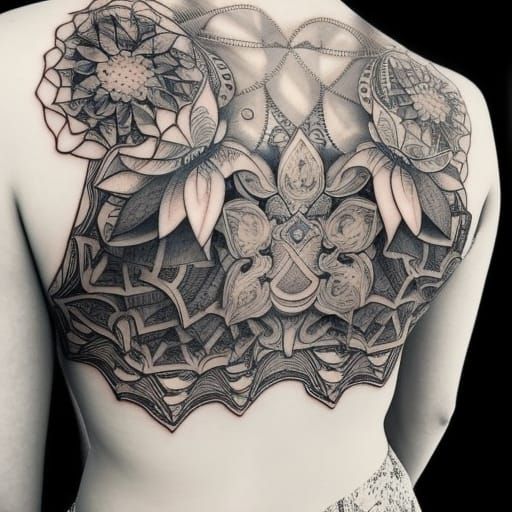 Intricate Back Tattoo with Mythology and Nature