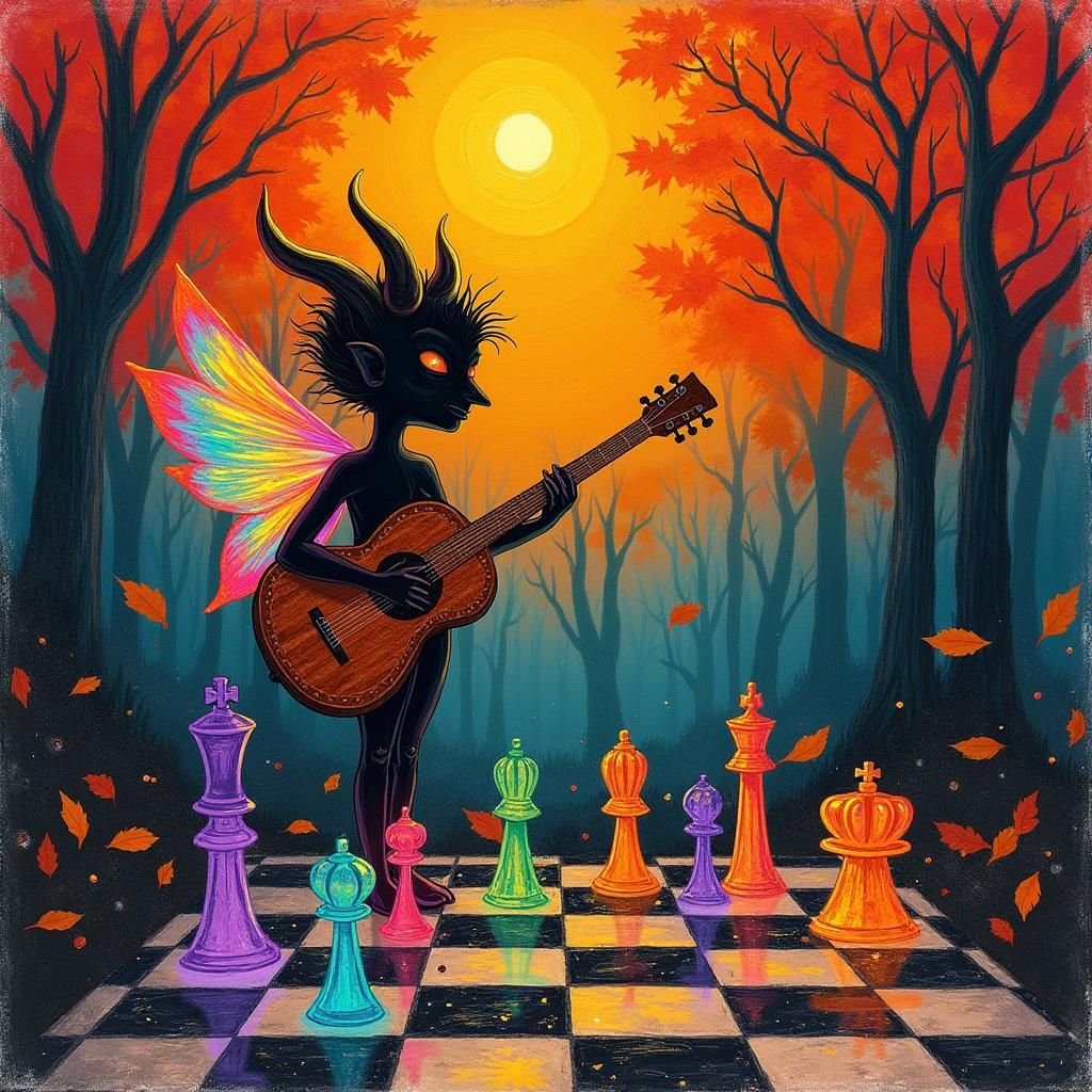 Whimsical Musician in Surreal Autumn Wonderland