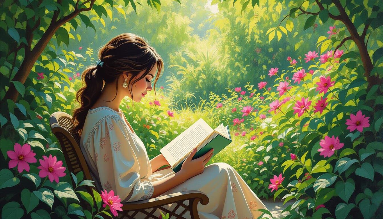 Ebook Reader Surrounded by Lush Garden, Botanical Art