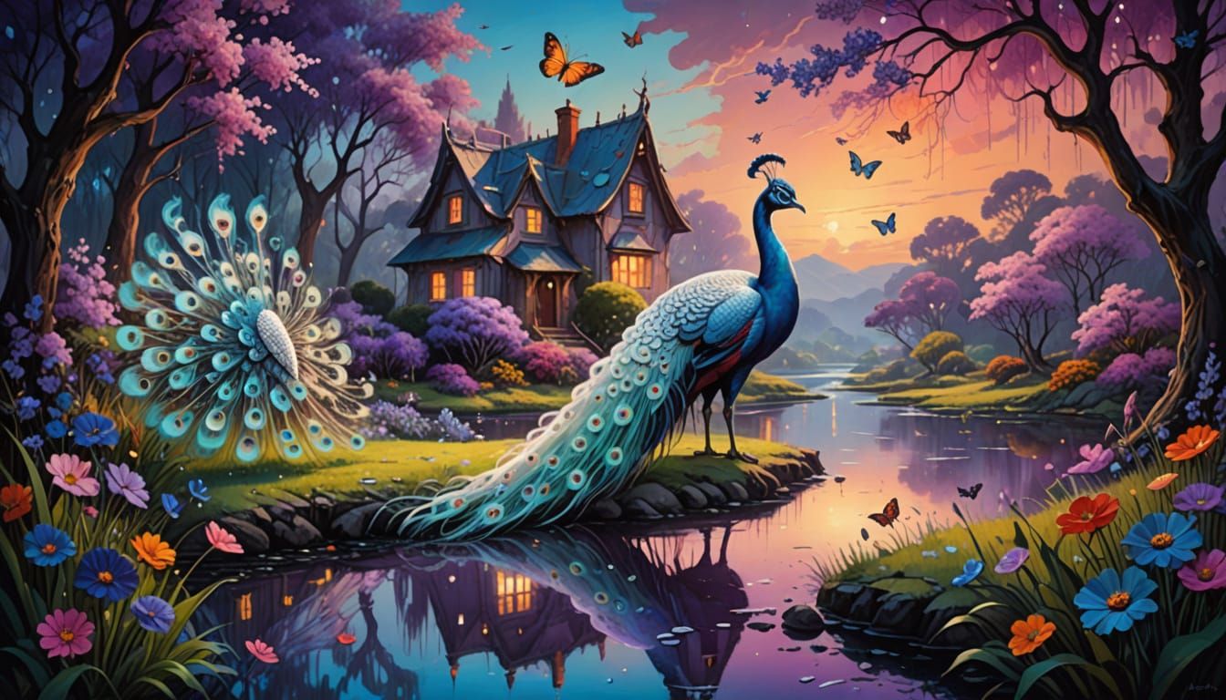 Surreal Oil Painting of a White Peacock in a Dreamy Landscap...