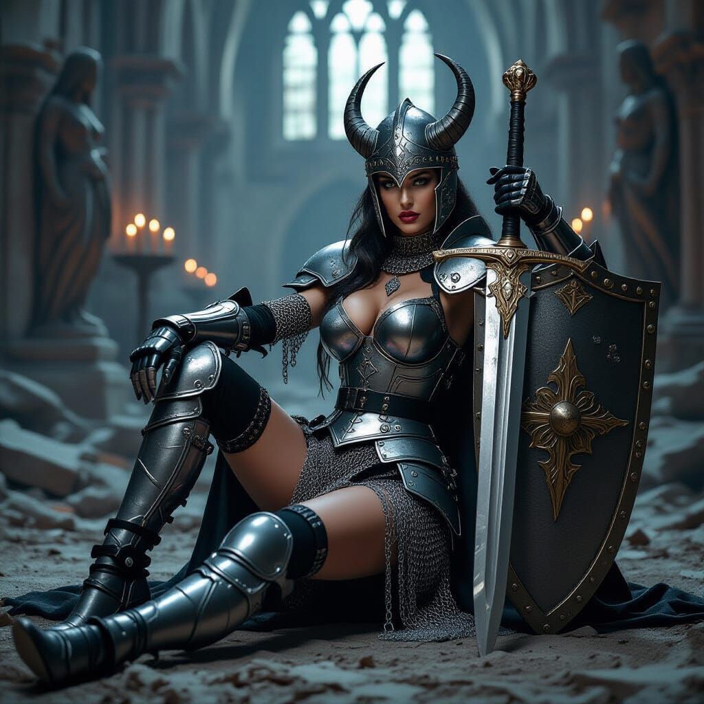 Seductive Knight in Ruined Cathedral