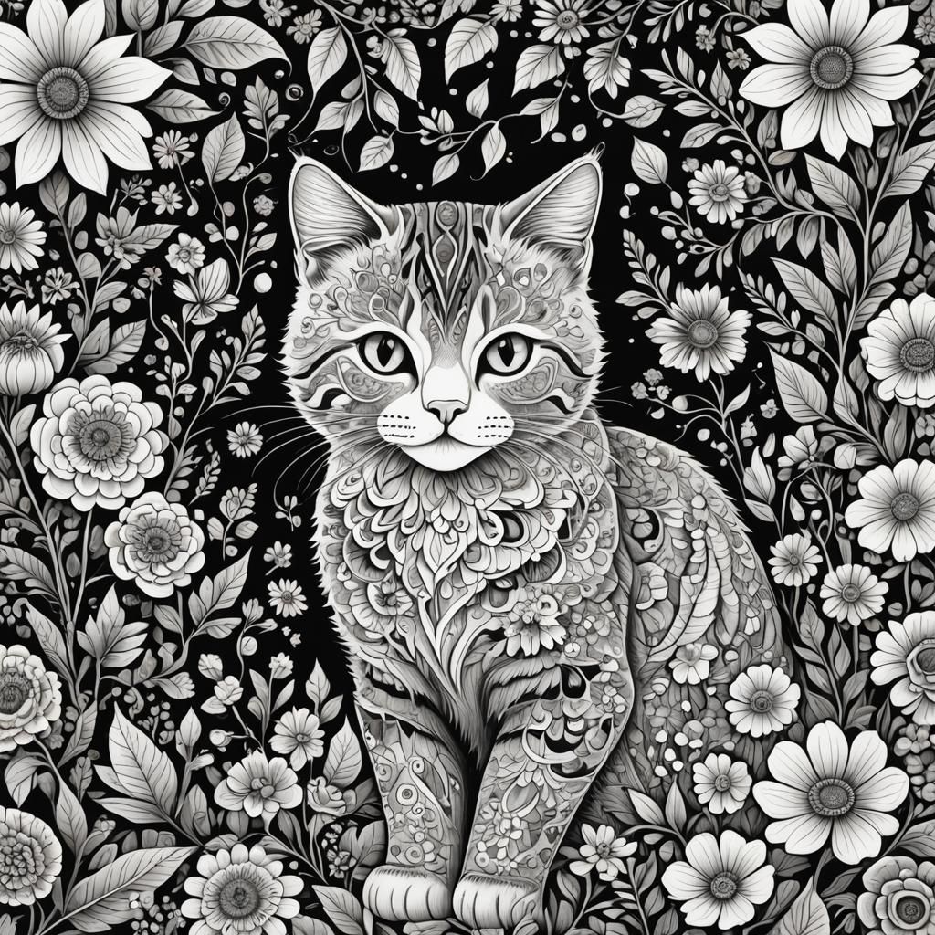 Intricate Floral Mandala Cat Coloring Page