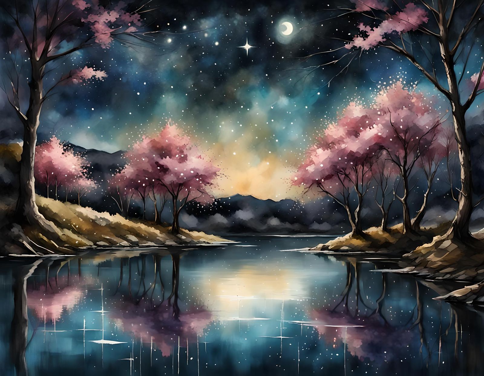 Starry Lake Reflection in Watercolor Style