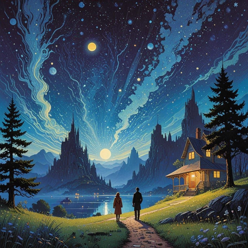 Surreal Night Sky Pointillist Masterpiece