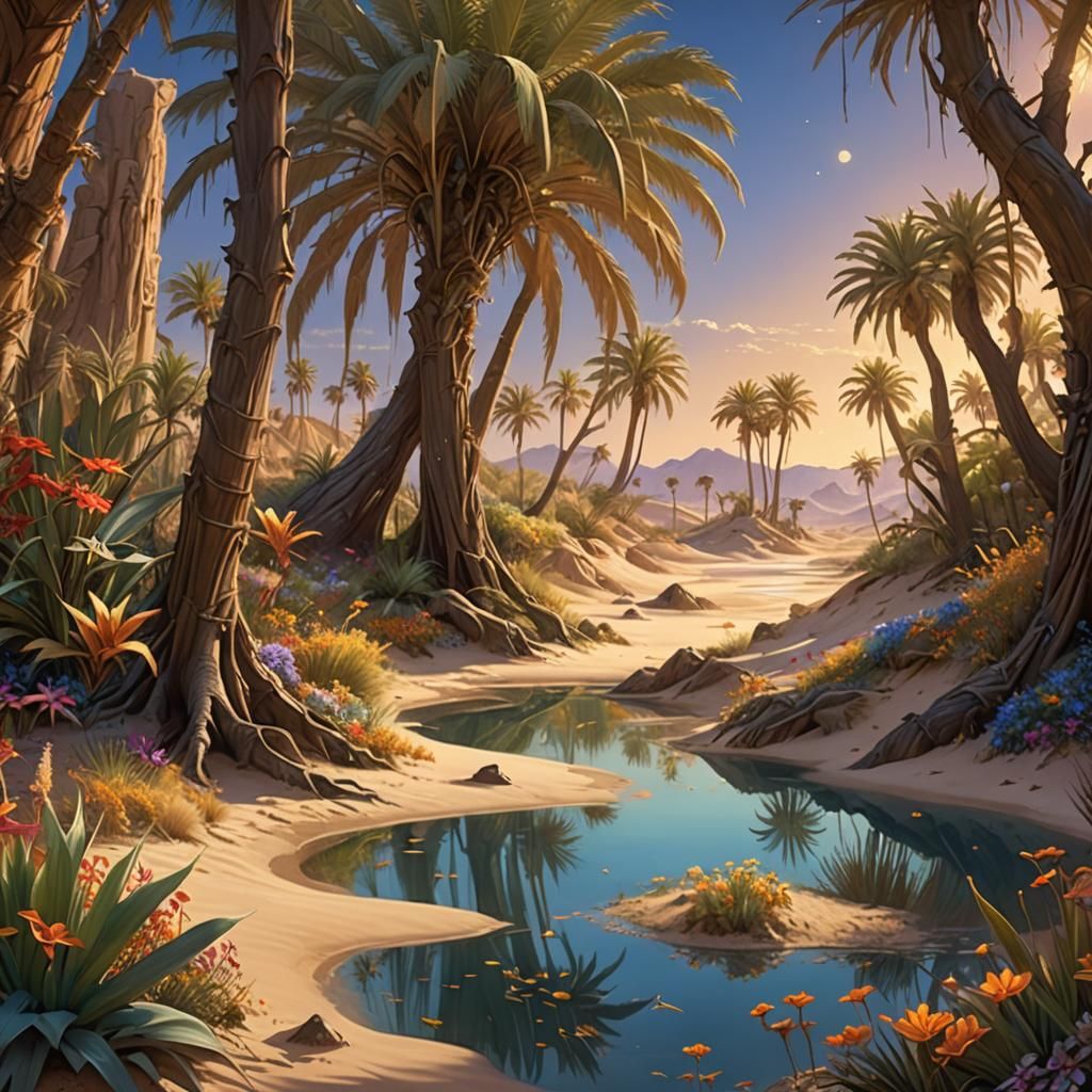 Desert Oasis Fantasy Art with Twinkling Fireflies