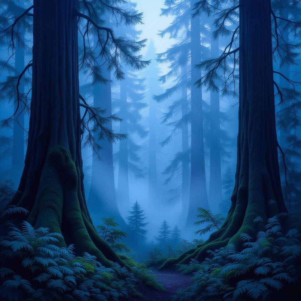 Ethereal Twilight Fog Over Ancient Washington Forest