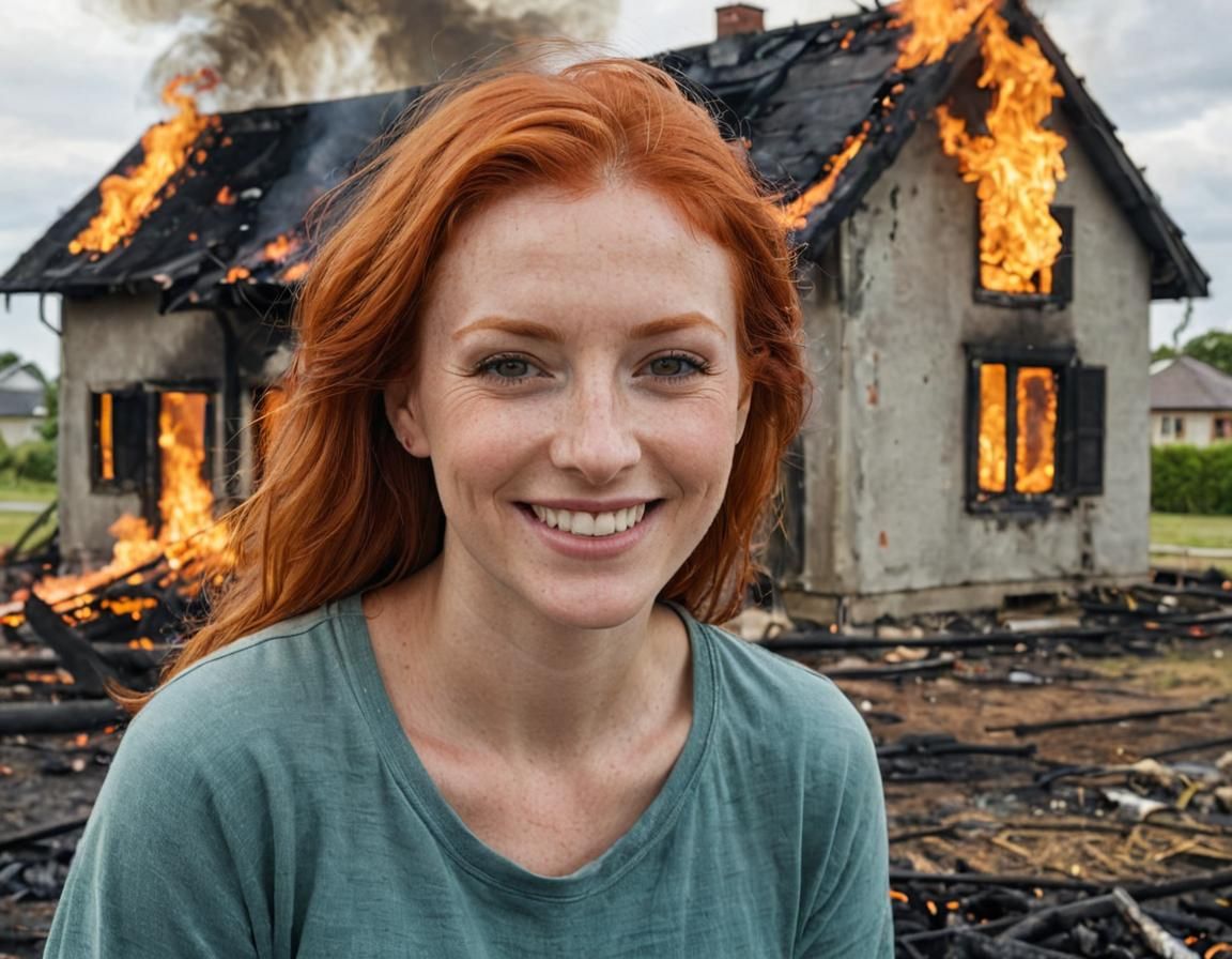 Red-Haired Woman Smiling as House Burns: Surreal Portrait