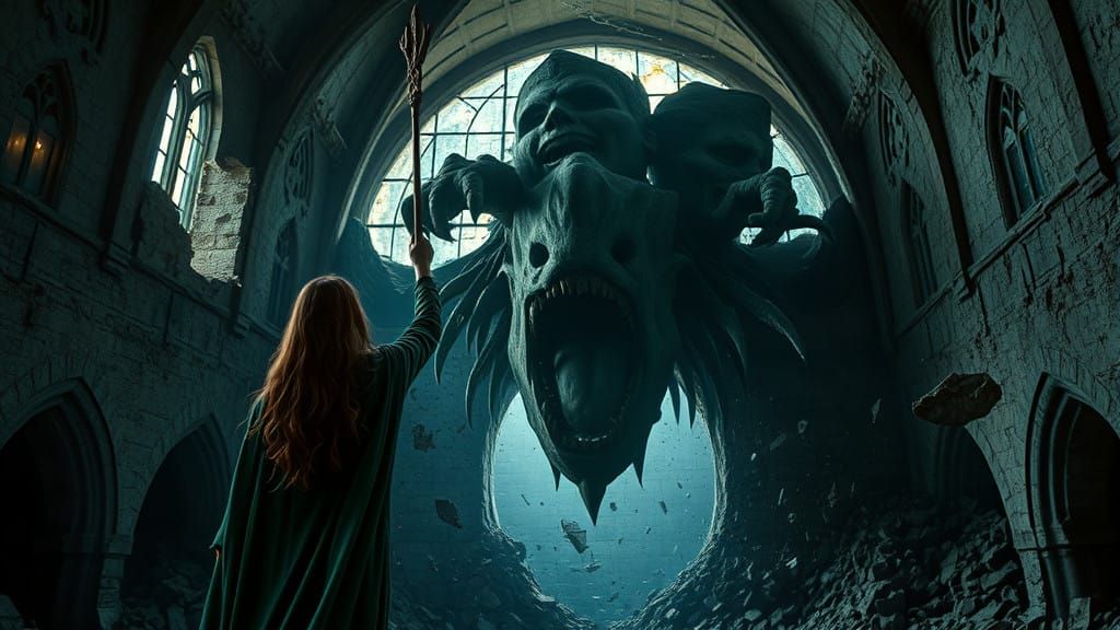 Woman Confronts Ancient Stone Monster in Abandoned Castle