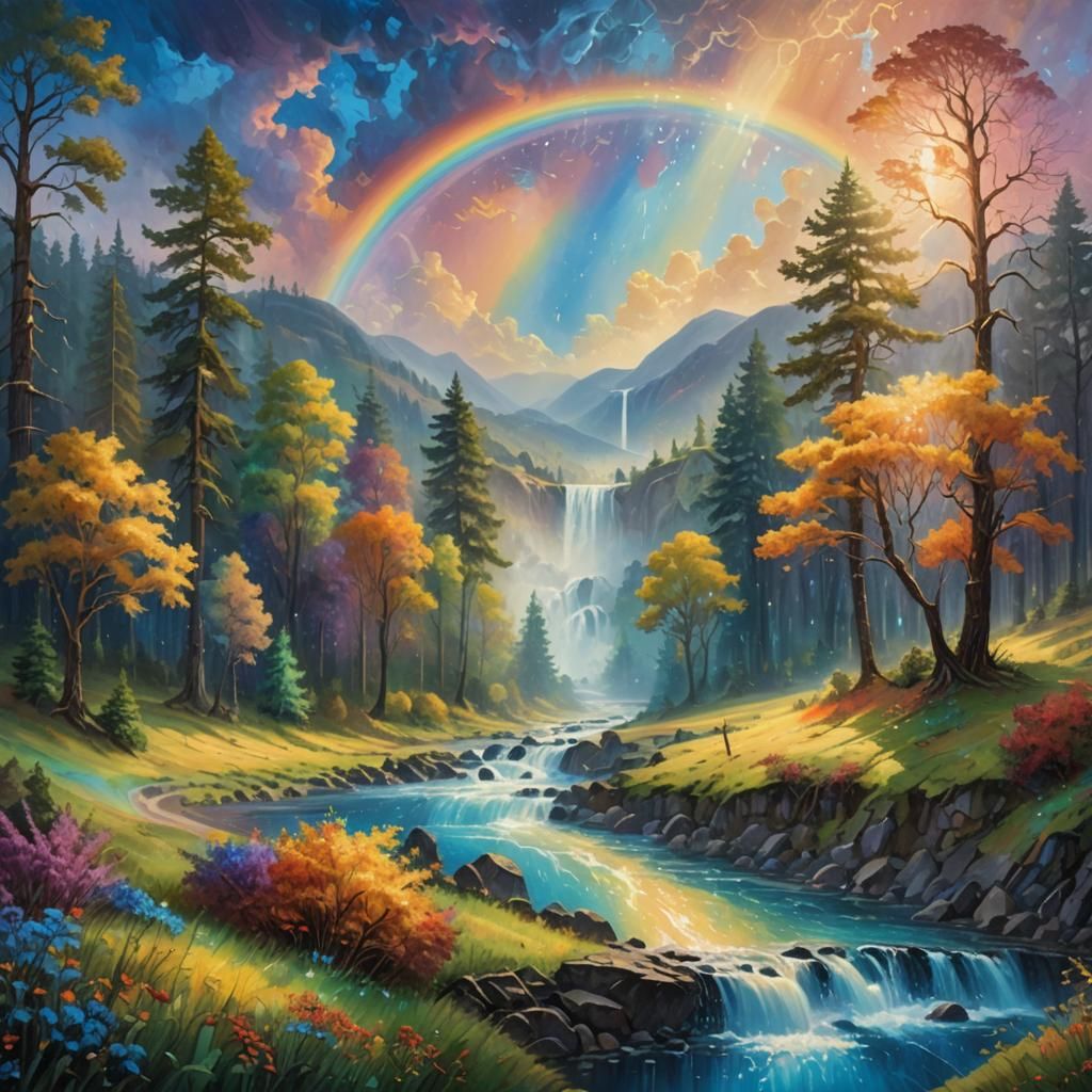 Impressionist Fantasy Landscape with Rainbow Sky
