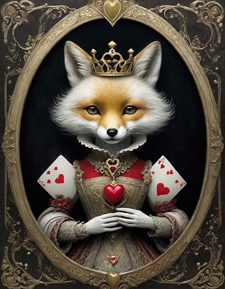 Queen of Hearts With Baby Fox, Detailed Digital Art
