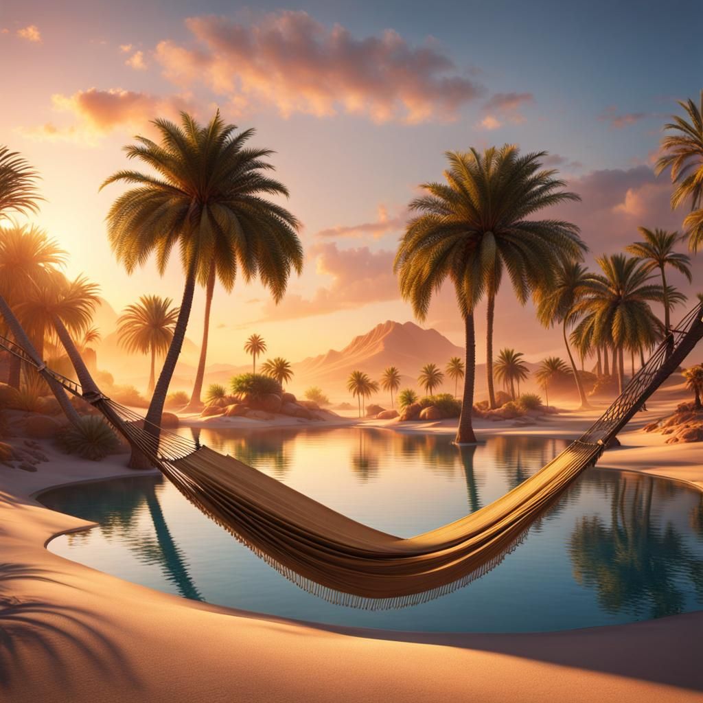 Desert Oasis Island at Sunset in 8K