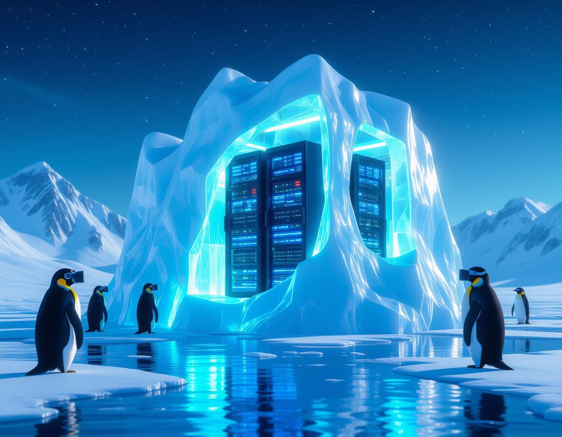 Surreal Iceberg with Glowing Servers and Penguins