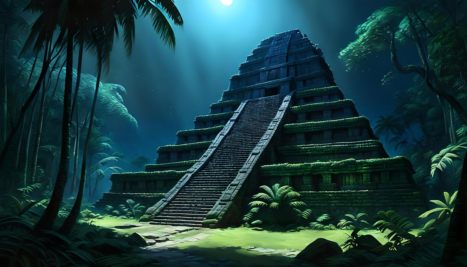 Mayan Jungle Temples at Night in Candy Art Style