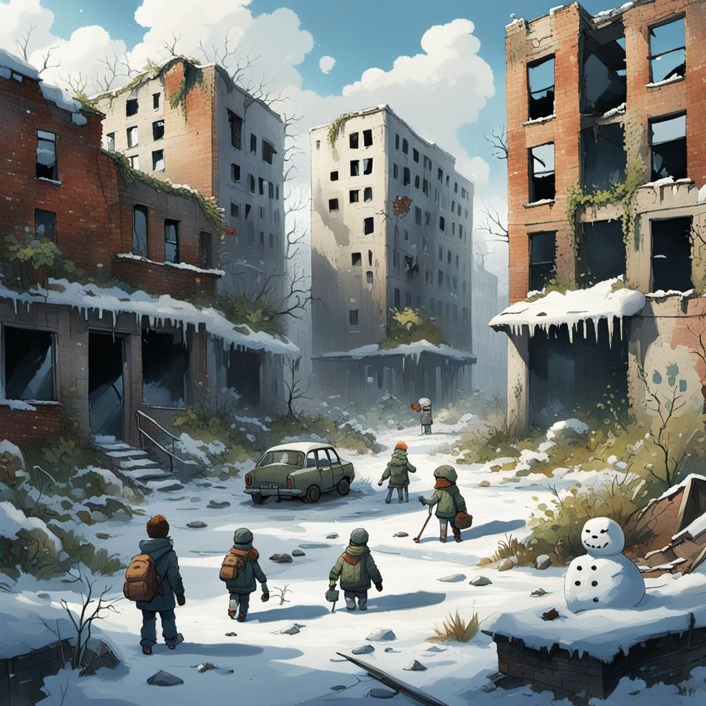 Hopeful City Reborn Amidst Winter Ruins in Cinematic Style