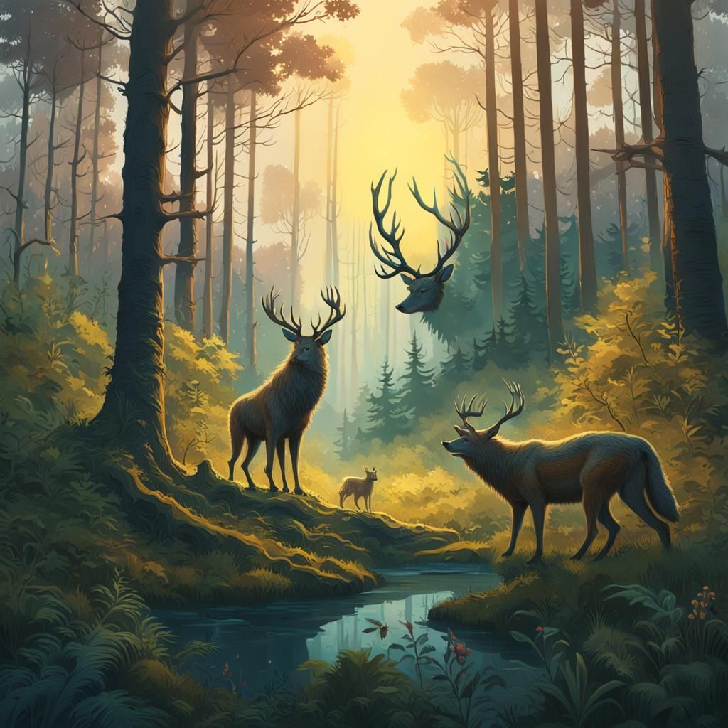 Mystical Forest Crest with Stag, Fish and Wolf