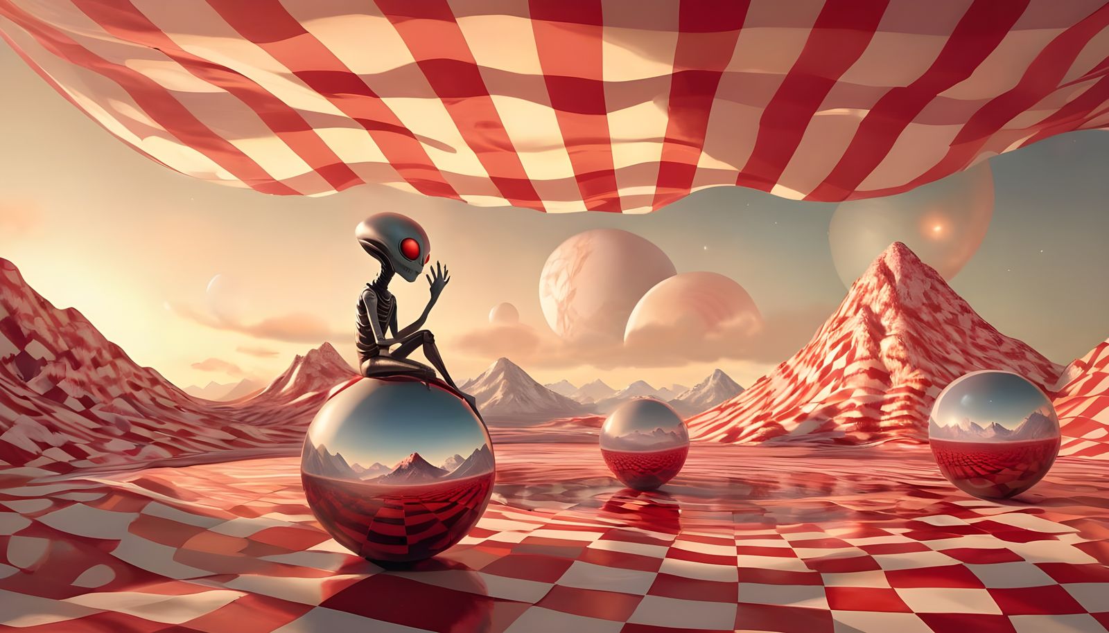 Surreal Gingham Landscape with Alien Figure