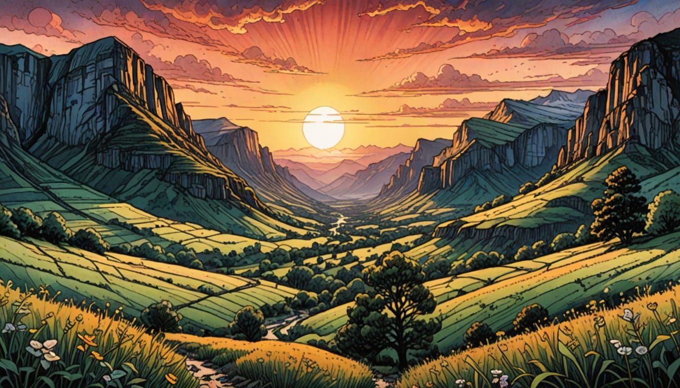 Valley Sunset: Watercolor Sketch with Pen Contours