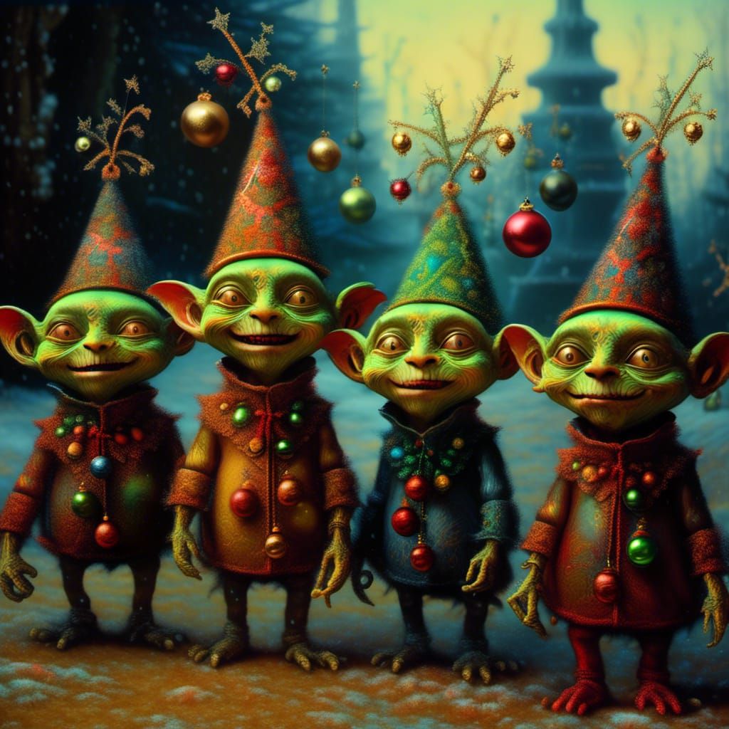 Whimsical Christmas Goblins in Detailed Matte Painting