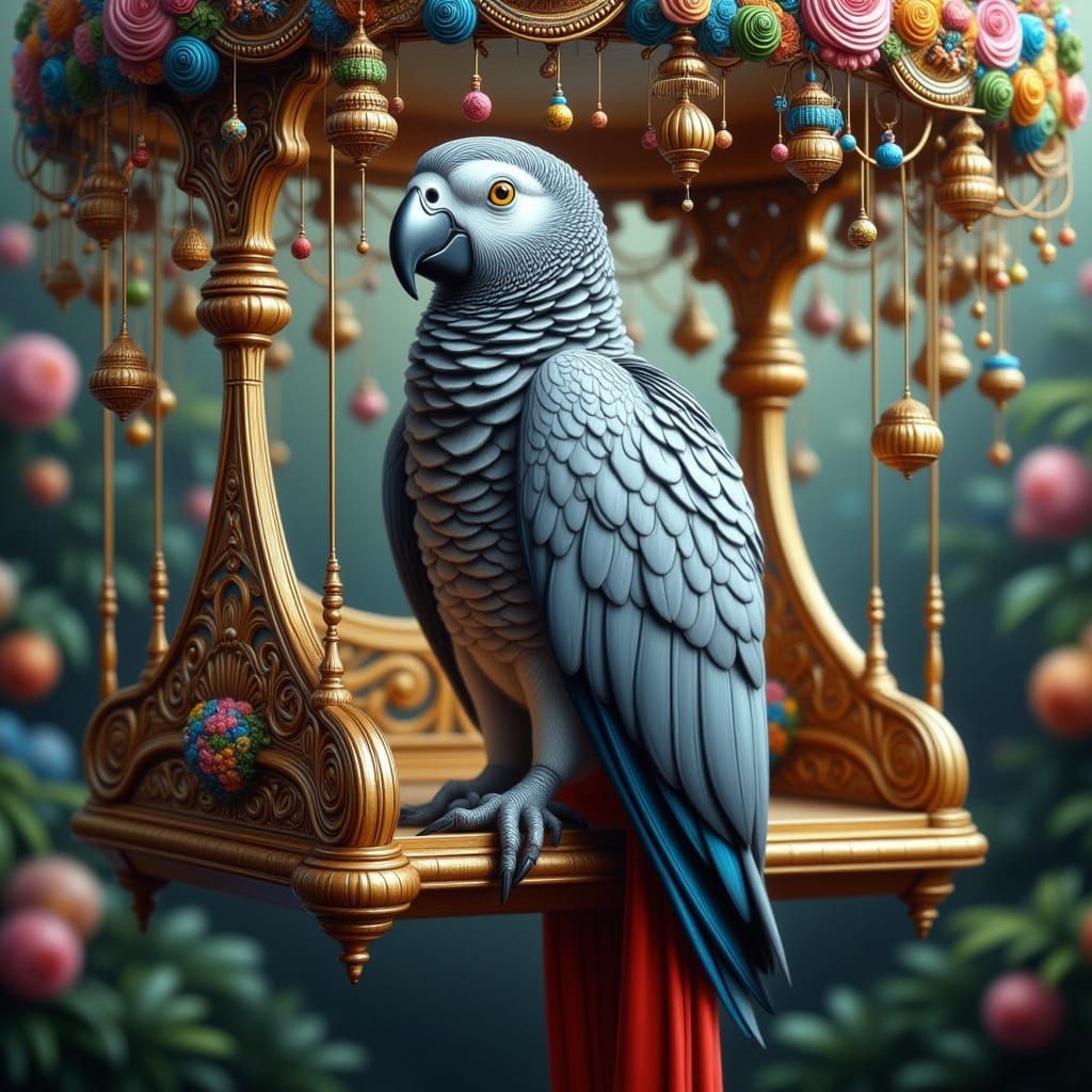 Majestic Grey Parrot on Elegant Wooden Swing in Vibrant Atmo...