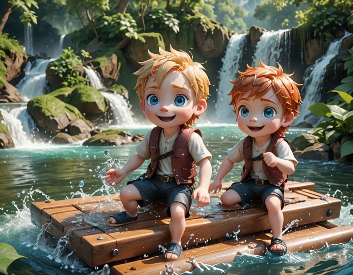Playful Chibi Boys on Raft: 3D Digital Art