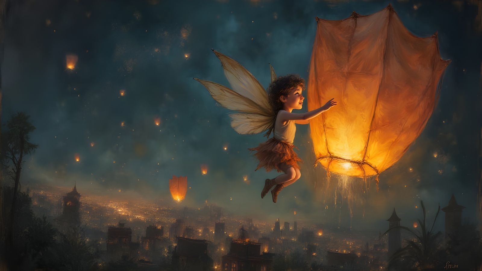 Child Fairy Rides Glowing Lantern Over City at Night