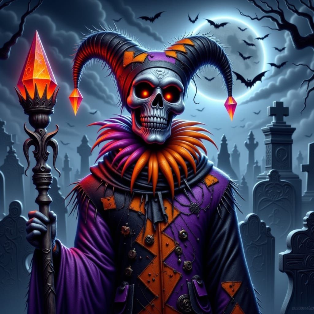 Whimsical Halloween Jester in Spooky Graveyard