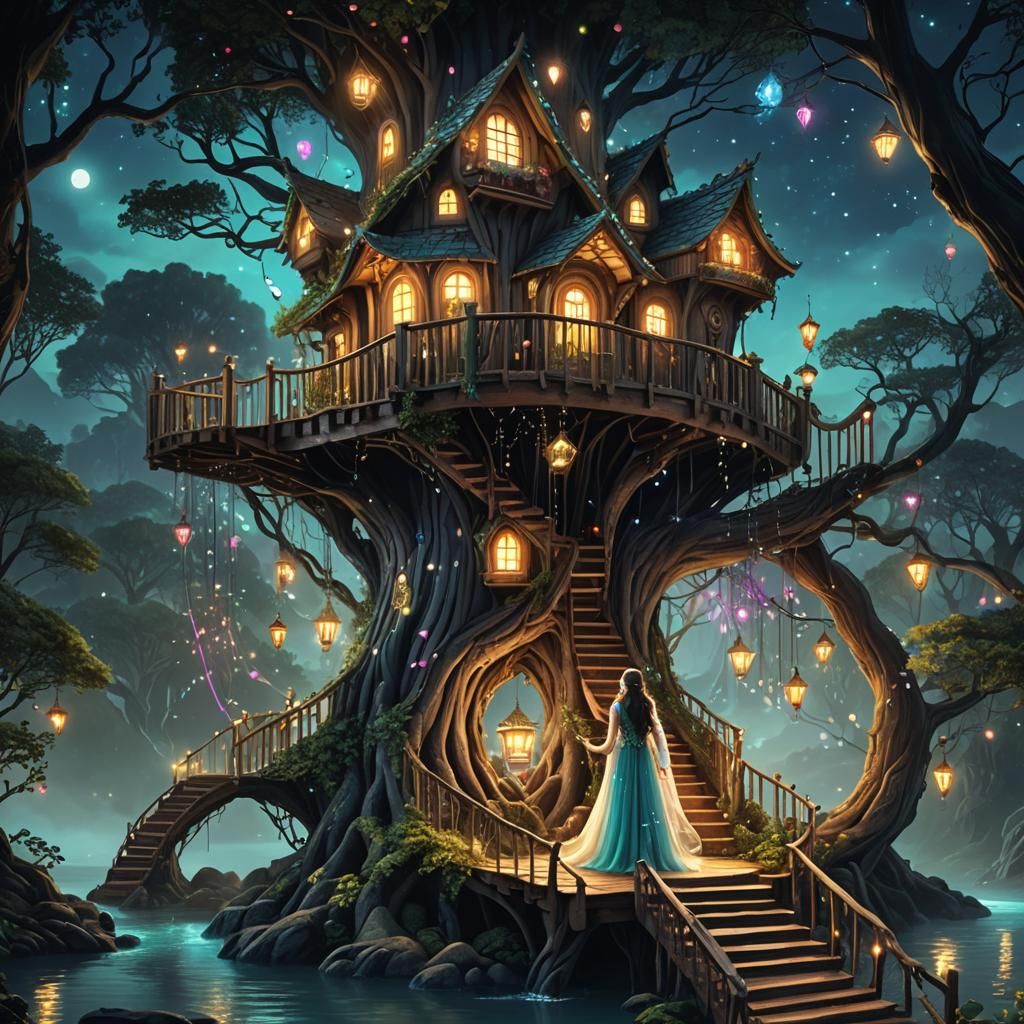 Enchanted Elven Treehouse in a Sparkling Forest