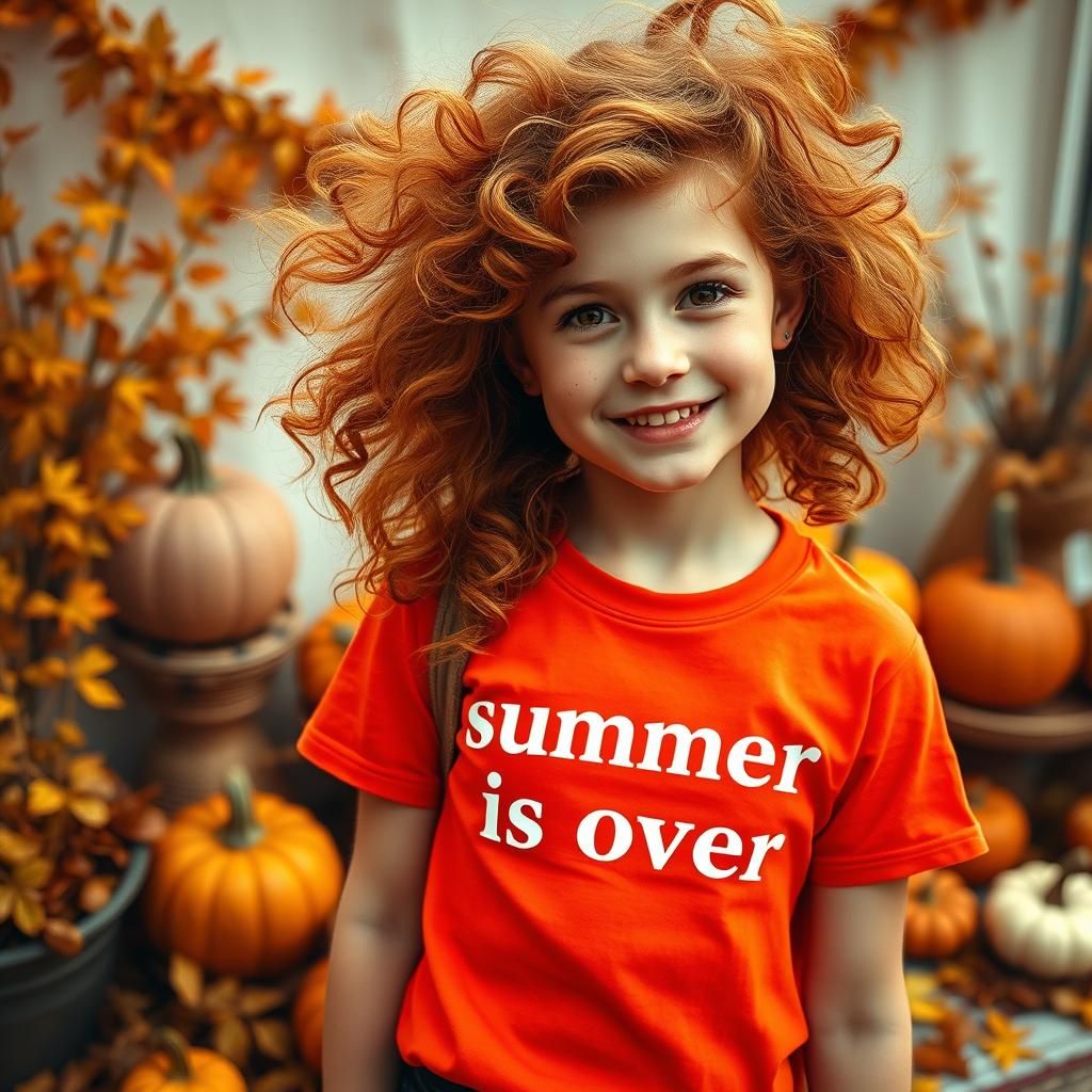 Redhead in Orange T-Shirt Surrounded by Autumn Decor