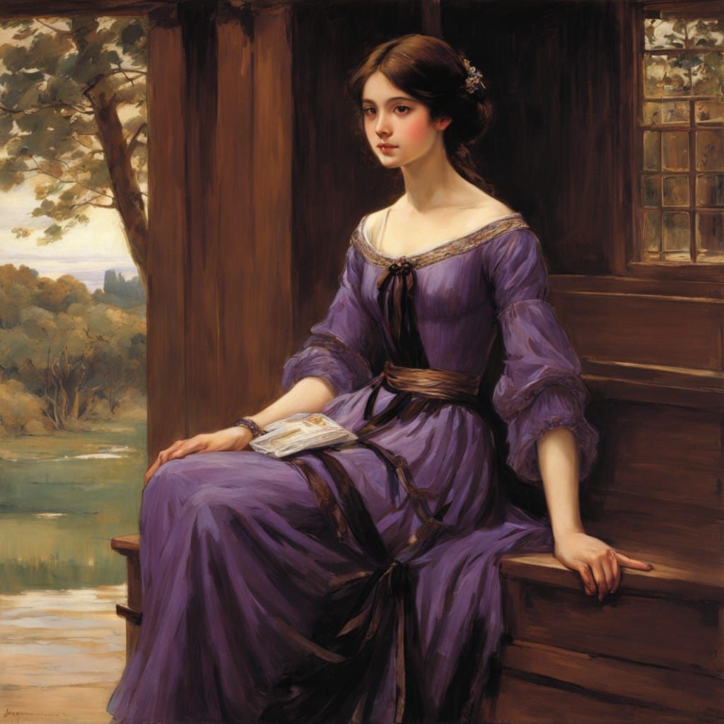 Vibrant Maiden in Lavender Gown Illuminates a Wooden Hall