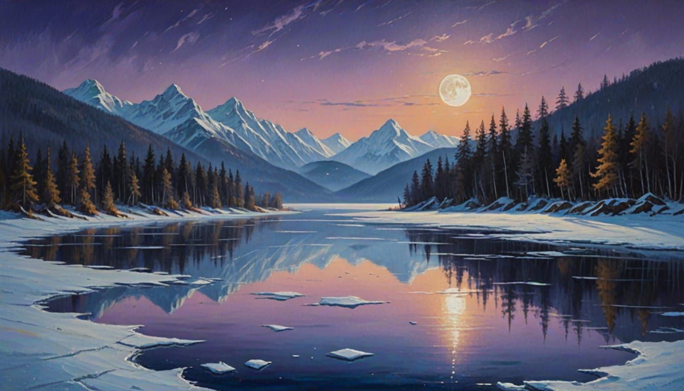 Luminous Moonlit Lake Scene in Oil Painting Style
