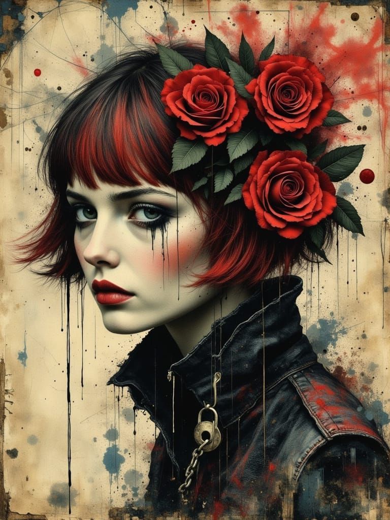Gothic Woman Portrait with Roses, Abstract Impasto Style
