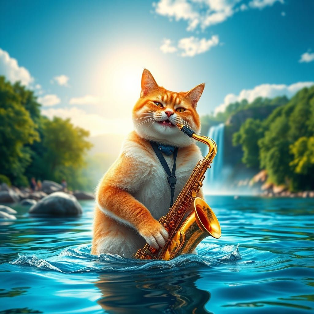 Cat Plays Saxophone by River in Watercolor Style