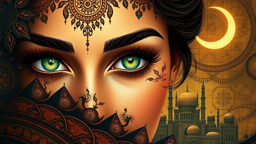A Woman's Majestic, Henna-Adorned Eyes Amidst Ancient Pyrami...