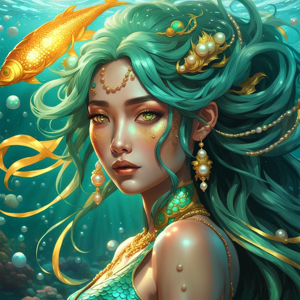 Asian Mermaid with Golden Scales and Pearls