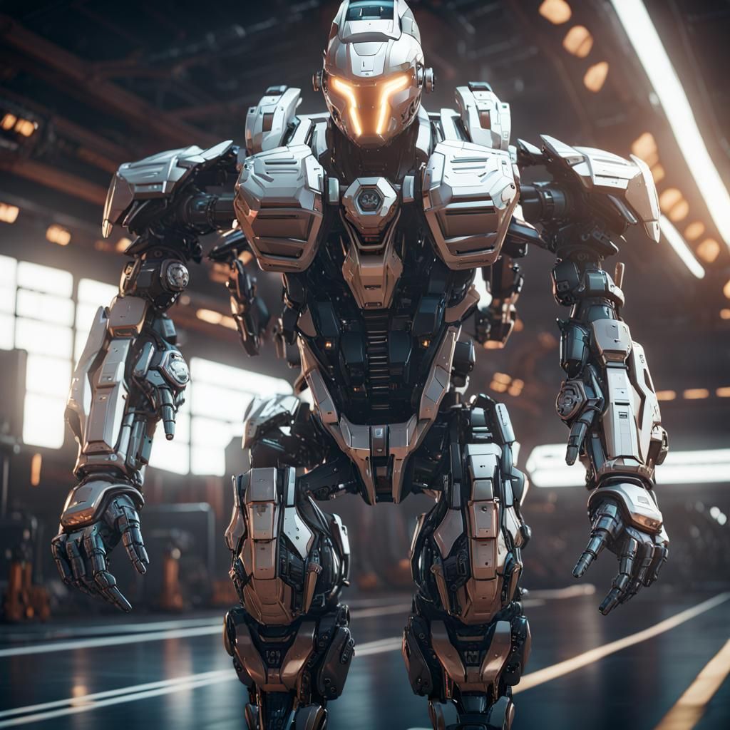 Man Drives Intricate Mech Suit in Sci-Fi City